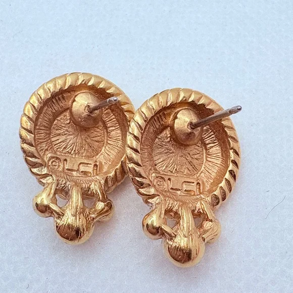 Vintage Liz Claiborne Stud Earrings Goldtone Round Rope Black & Faux Pearl 1.75” - Picture 6 of 6